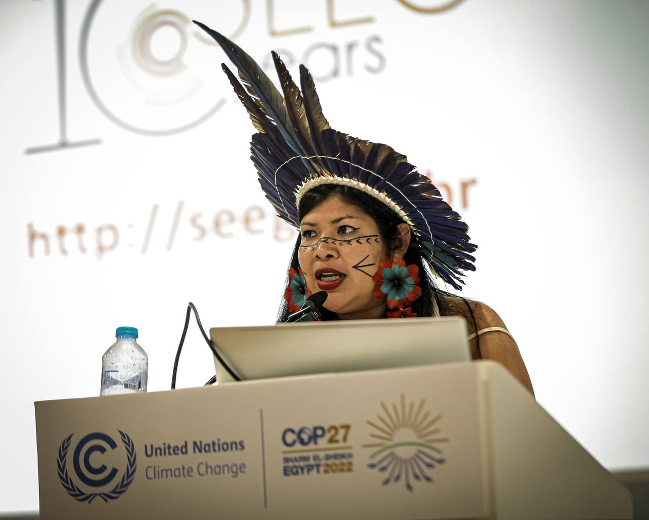 Juliana Kerexu, coordenadora tenondé da CGY, fala em painel da Conferência da ONU sobre Mudanças Clináticas (COP27), no Egito / Foto: Mre Gavião para Apib